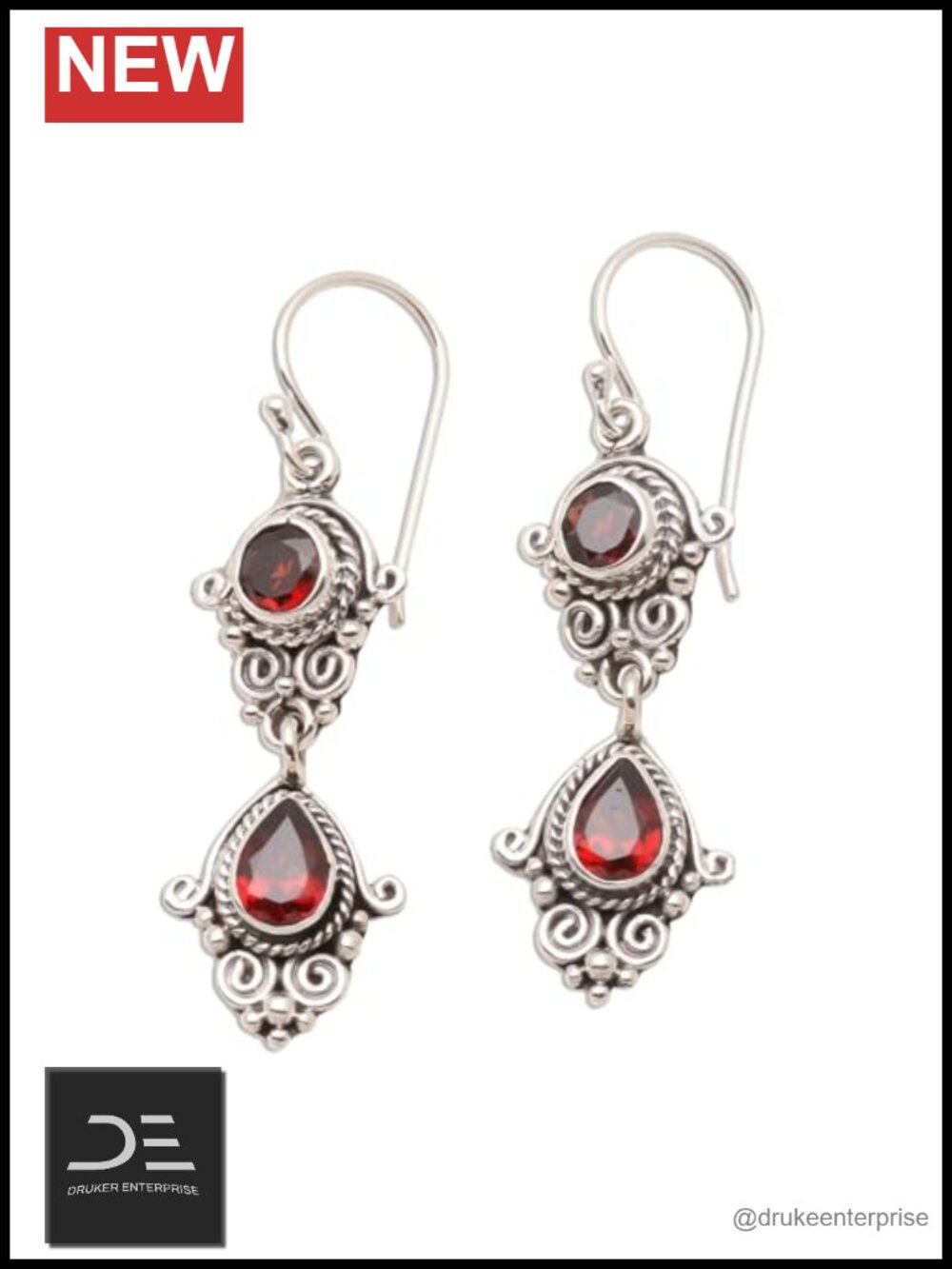 Sterling Silver Garnet Dangle Earrings French Wire Hook Artisan Crafted